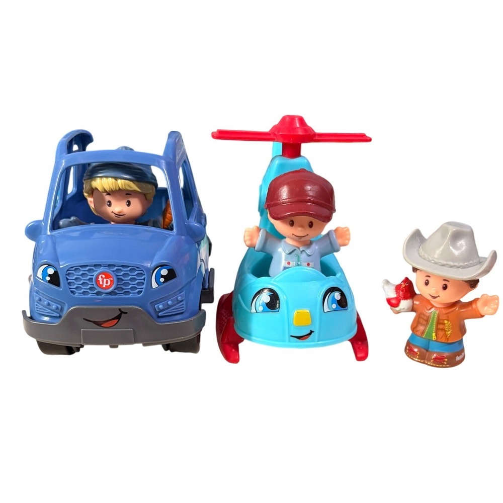 Fisher Price Little‎ People Blue SUV Helicopter and 3 Figures Toy Vehicle Lot